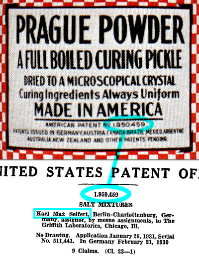 top: Prague Powder, patent #1950459. bottom: US patent #1950459, issued to Karl Max Seifert